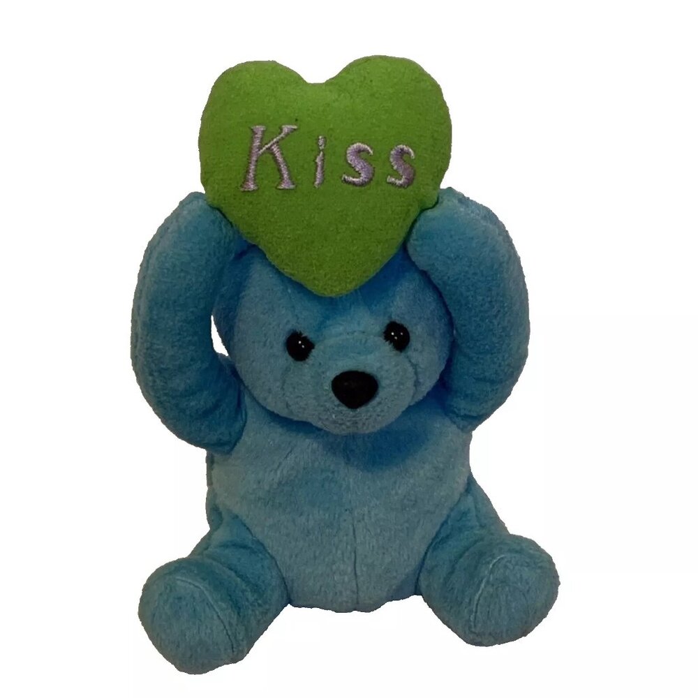 Bear Holding Green Kiss Heart -Blue 7 Plush - Stuffed Animal - Love